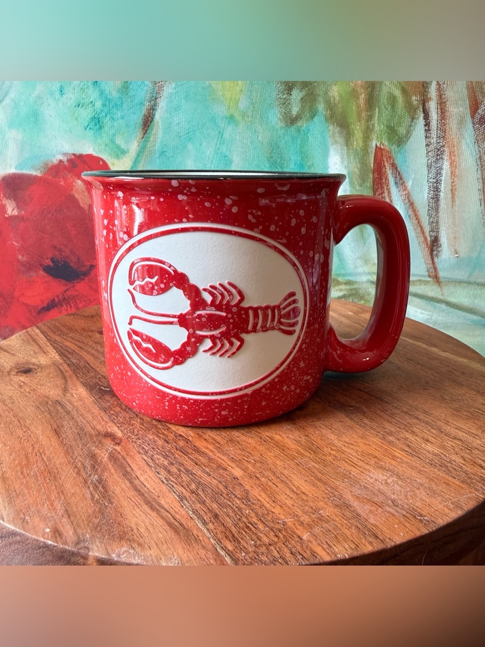 Speckled Lobster Camp Mug Stamped Design Ceramic Coffee Cup Maine Coastal